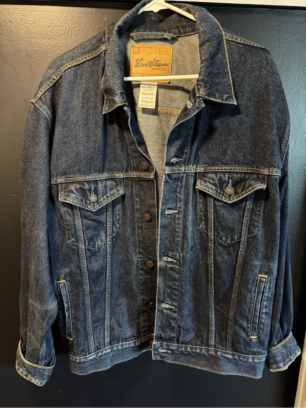 Levi Strauss Signature Denim Trucker Jacket Dark Wash Button Front Men's L